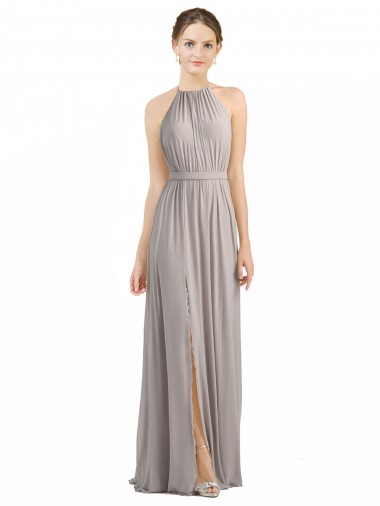 Long Sleeveless Soft Chiffon Oyster Silver Halter Neck A-Line Bridesmaid Dress Edmonton