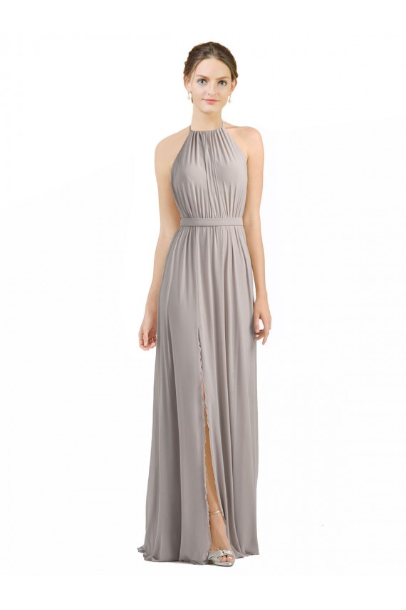 Long Sleeveless Soft Chiffon Oyster Silver Halter Neck A-Line Bridesmaid Dress Edmonton