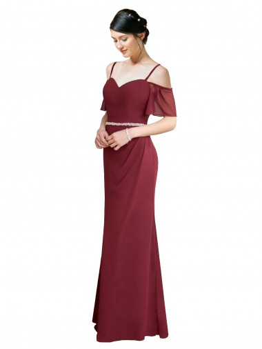 Long Cold Shoulder Soft Chiffon Burgundy A-Line Bridesmaid Dress Edmonton