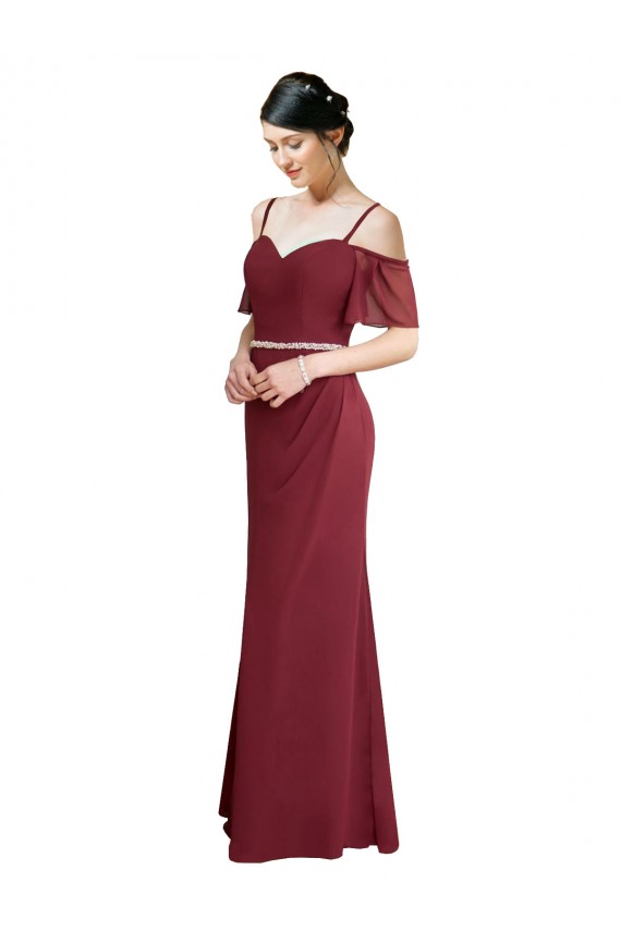 Long Cold Shoulder Soft Chiffon Burgundy A-Line Bridesmaid Dress Edmonton
