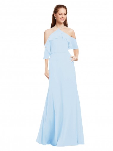 Long Cold Shoulder Soft Chiffon Light Sky Blue A-Line Formal Dress / Bridesmaid Dress Edmonton