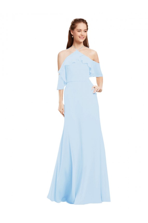 Long Cold Shoulder Soft Chiffon Light Sky Blue A-Line Formal Dress / Bridesmaid Dress Edmonton