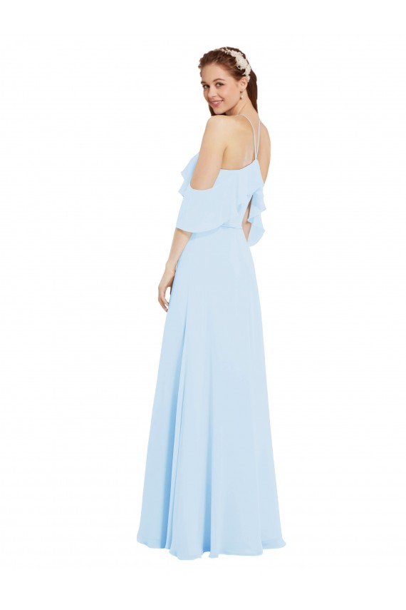 Long Cold Shoulder Soft Chiffon Light Sky Blue A-Line Formal Dress / Bridesmaid Dress Edmonton