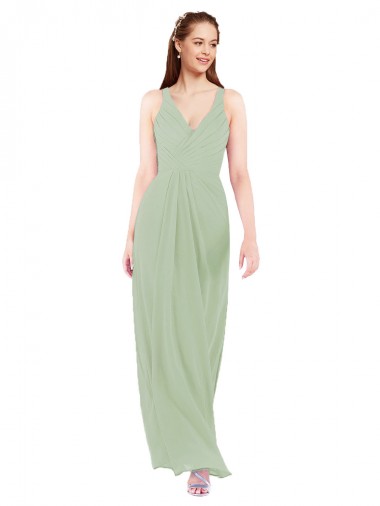 Long Sleeveless Soft Chiffon Smoke Green Sheath Bridesmaid Dress Edmonton
