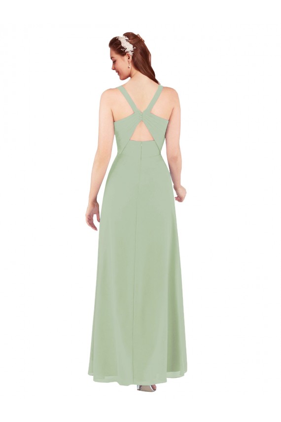 Long Sleeveless Soft Chiffon Smoke Green Sheath Bridesmaid Dress Edmonton
