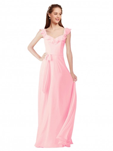 Long Cap Sleeves Soft Chiffon Pink A-Line Bridesmaid Dress Edmonton
