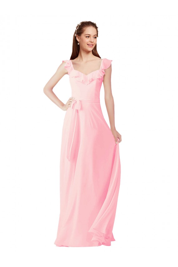Long Cap Sleeves Soft Chiffon Pink A-Line Bridesmaid Dress Edmonton