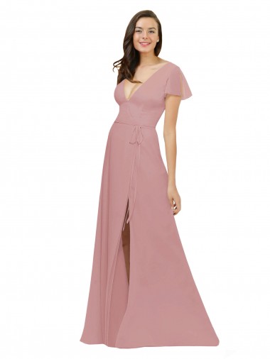 Long Flutter Sleeves Chiffon Dusty Pink A-Line Bridesmaid Dress / Evening Dress Edmonton