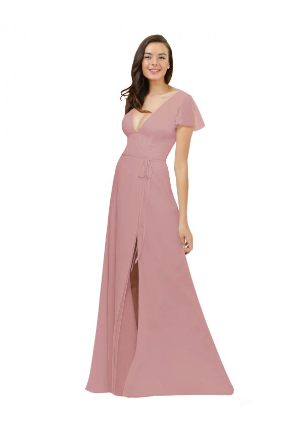 Long Flutter Sleeves Chiffon Dusty Pink A-Line Bridesmaid Dress / Evening Dress Edmonton