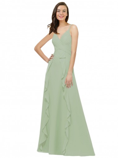 Long Sleeveless Soft Chiffon Smoke Green A-Line Bridesmaid Dress Edmonton