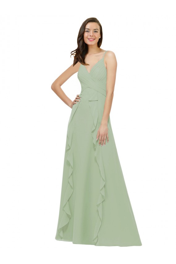 Long Sleeveless Soft Chiffon Smoke Green A-Line Bridesmaid Dress Edmonton