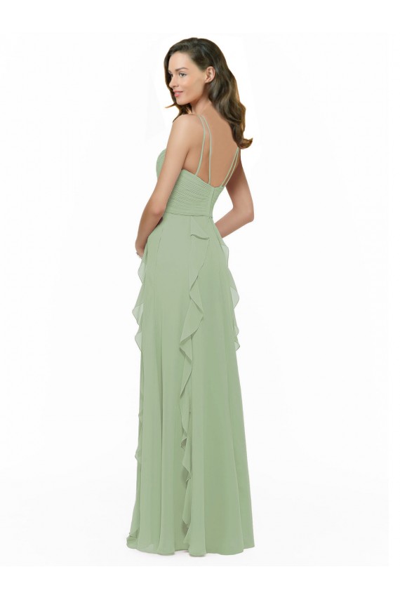Long Sleeveless Soft Chiffon Smoke Green A-Line Bridesmaid Dress Edmonton