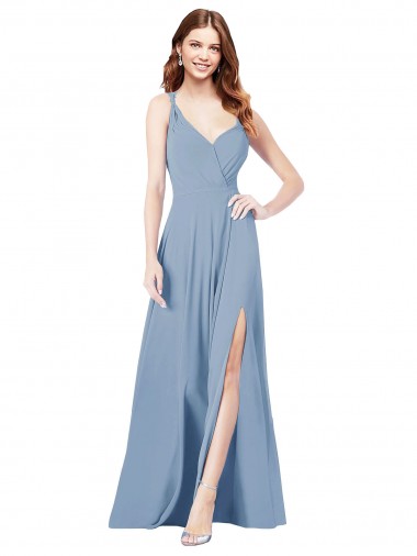 Long Sleeveless Soft Chiffon Dusty Blue Spaghetti Straps A-Line Formal Dress / Bridesmaid Dress Edmonton