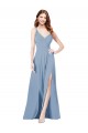 Long Sleeveless Soft Chiffon Dusty Blue Spaghetti Straps A-Line Formal Dress / Bridesmaid Dress Edmonton