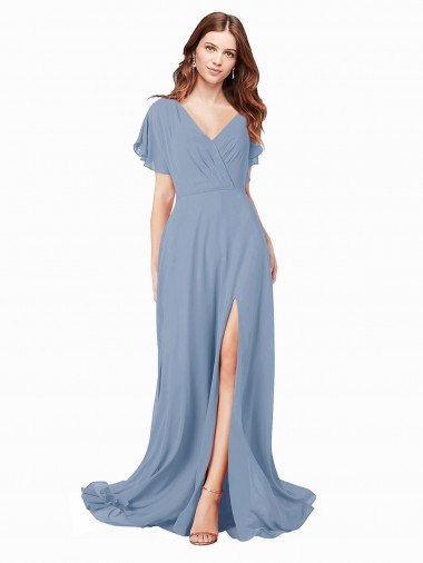 Long Cap Sleeves Soft Chiffon Dusty Blue A-Line Black Tie Prom Dress / Bridesmaid Dress Edmonton