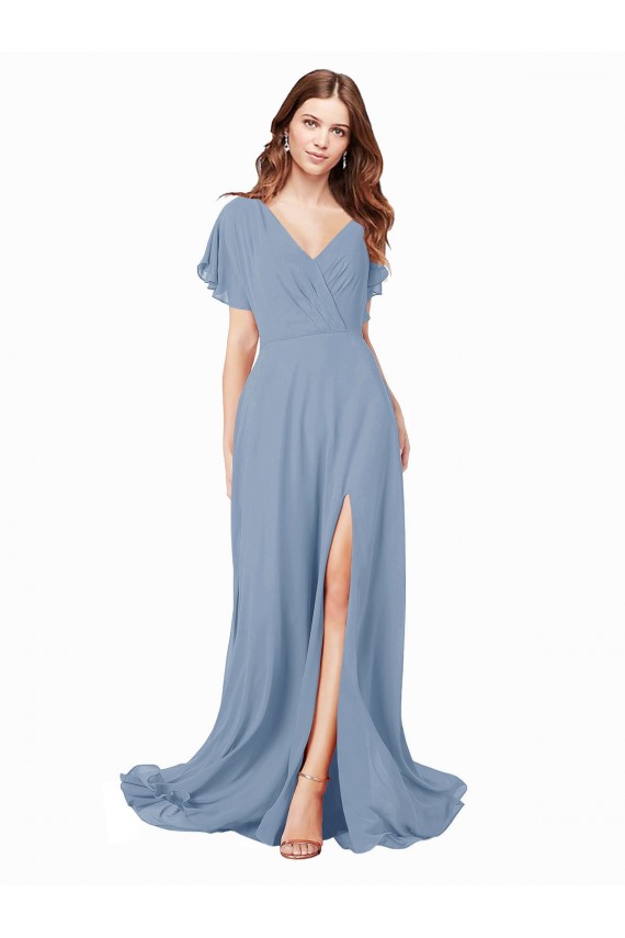 Long Cap Sleeves Soft Chiffon Dusty Blue A-Line Black Tie Prom Dress / Bridesmaid Dress Edmonton