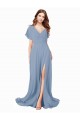 Long Cap Sleeves Soft Chiffon Dusty Blue A-Line Black Tie Prom Dress / Bridesmaid Dress Edmonton