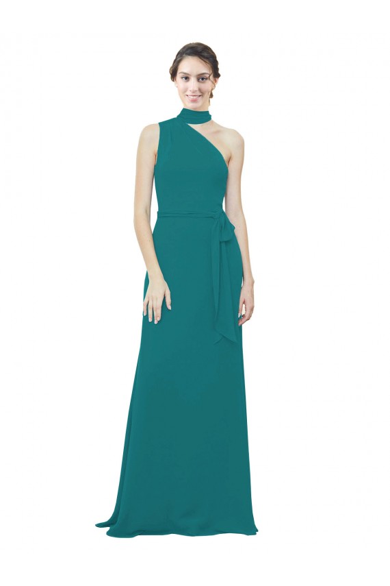 Long Sleeveless Soft Chiffon Hunter One Shoulder A-Line Bridesmaid Dress Edmonton