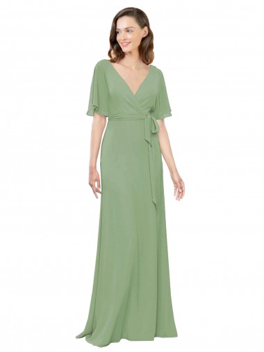 Long Short Flutter Sleeves Soft Chiffon Seagrass A-Line Bridesmaid Dress Edmonton