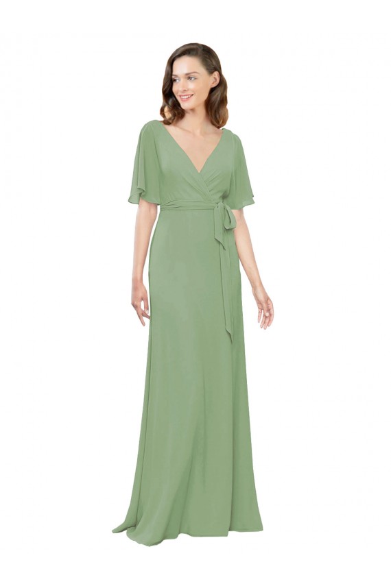 Long Short Flutter Sleeves Soft Chiffon Seagrass A-Line Bridesmaid Dress Edmonton