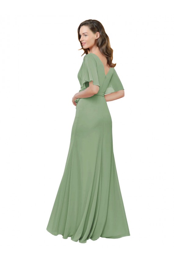 Long Short Flutter Sleeves Soft Chiffon Seagrass A-Line Bridesmaid Dress Edmonton