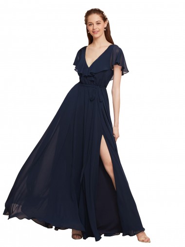 Long Cap Sleeves Chiffon Dark Navy A-Line Evening Gowns / Bridesmaid Dresses Edmonton