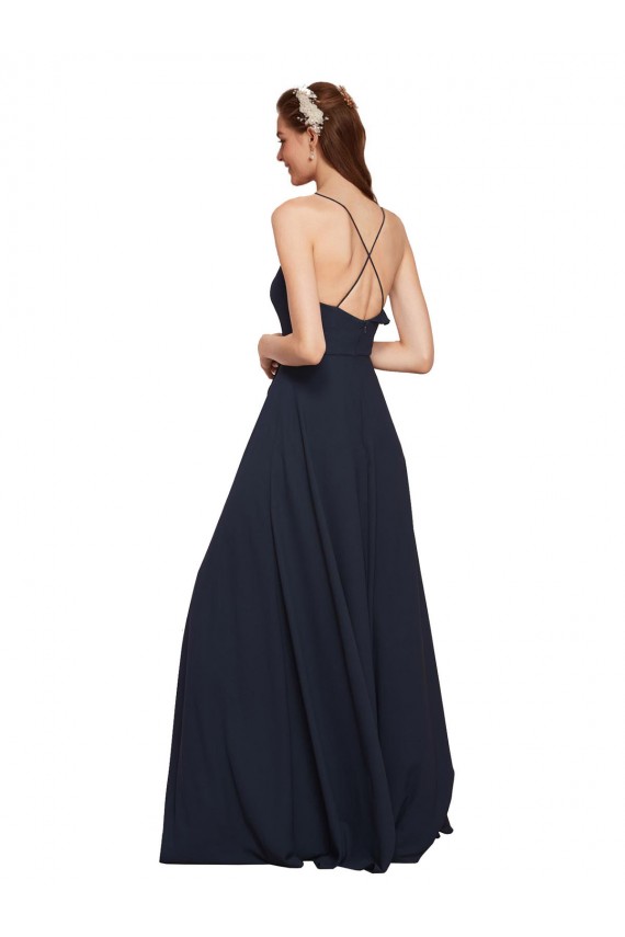Long Sleeveless Soft Chiffon Dark Navy Spaghetti Straps A-Line Bridesmaid Dresses Edmonton
