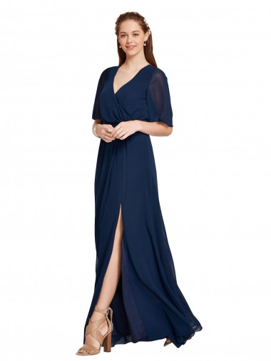 Long Flutter Sleeves Soft Chiffon Dark Navy A-Line Bridesmaid Dress / Formal Dress Edmonton