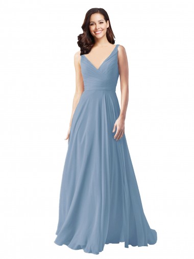 Long Sleeveless Chiffon Dusty Blue V-Neck A-Line Wedding Party Dress Edmonton