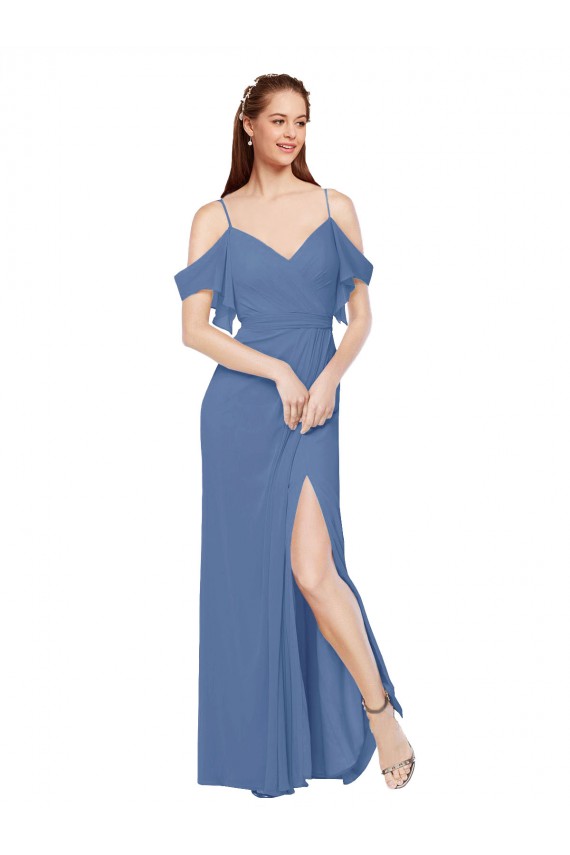 Long Sleeveless Soft Chiffon Windsor Blue A-Line Bridesmaid Dress Edmonton