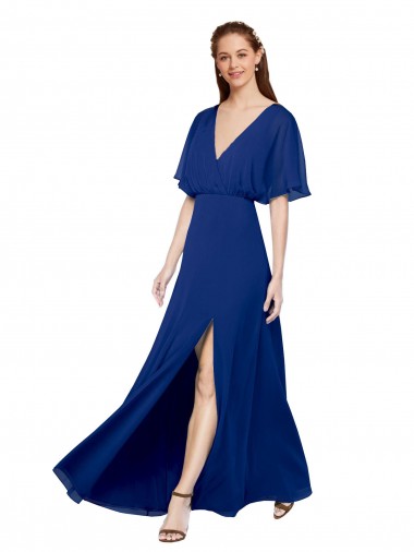 Long Flutter Sleeves Chiffon Royal Blue A-Line Bridesmaid Dress / Evening Gowns Edmonton