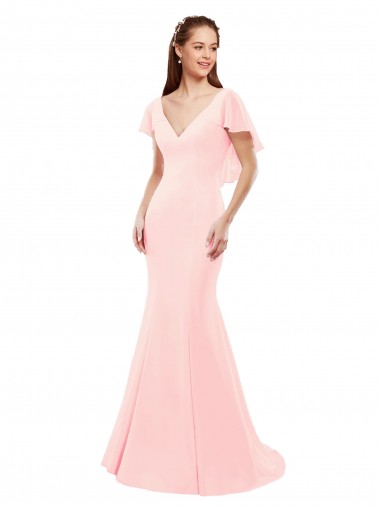 Long Flutter Sleeves Soft Chiffon Pink Mermaid Bridesmaid Dress Edmonton
