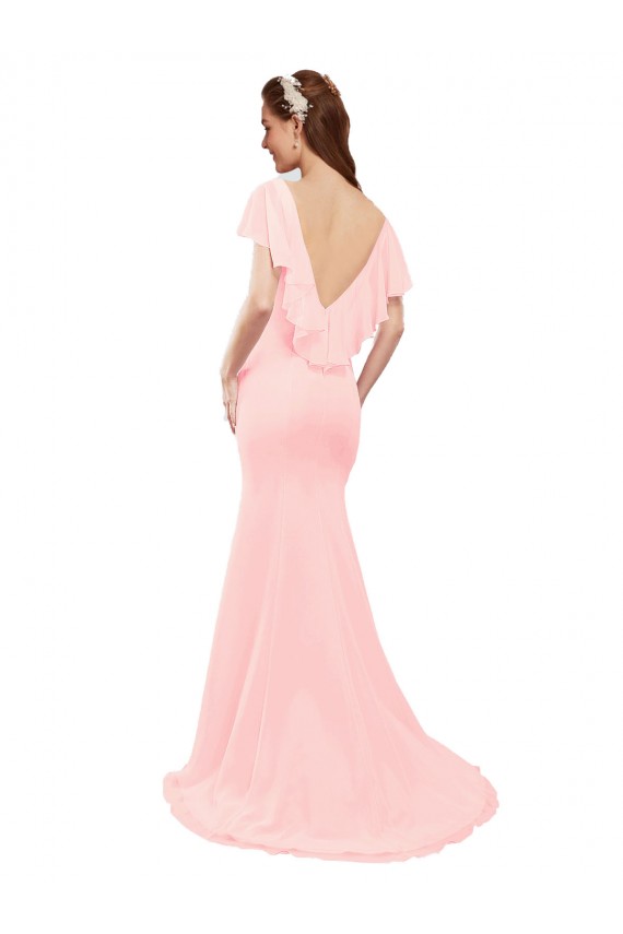 Long Flutter Sleeves Soft Chiffon Pink Mermaid Bridesmaid Dress Edmonton