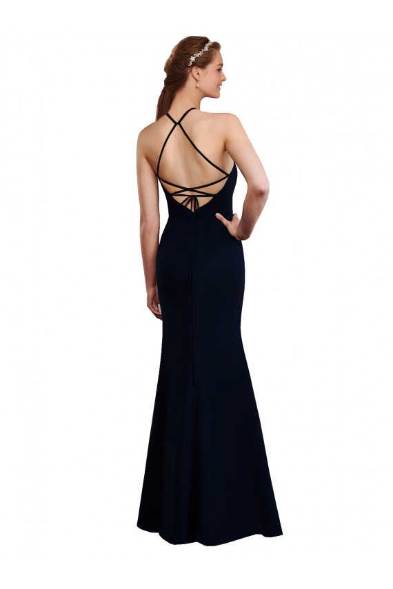 Long Sleeveless Soft Chiffon Dark Navy Mermaid Bridesmaid Dress Edmonton