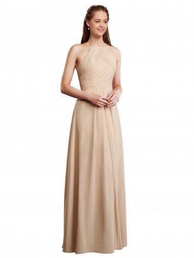 Long Sleeveless Soft Chiffon Champagne Halter Neck A-Line Bridesmaid Dress Edmonton