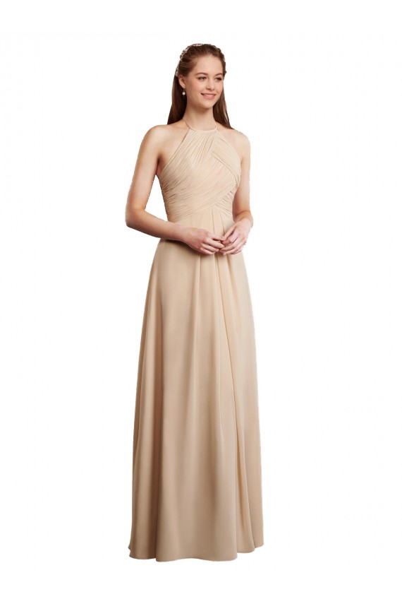 Long Sleeveless Soft Chiffon Champagne Halter Neck A-Line Bridesmaid Dress Edmonton