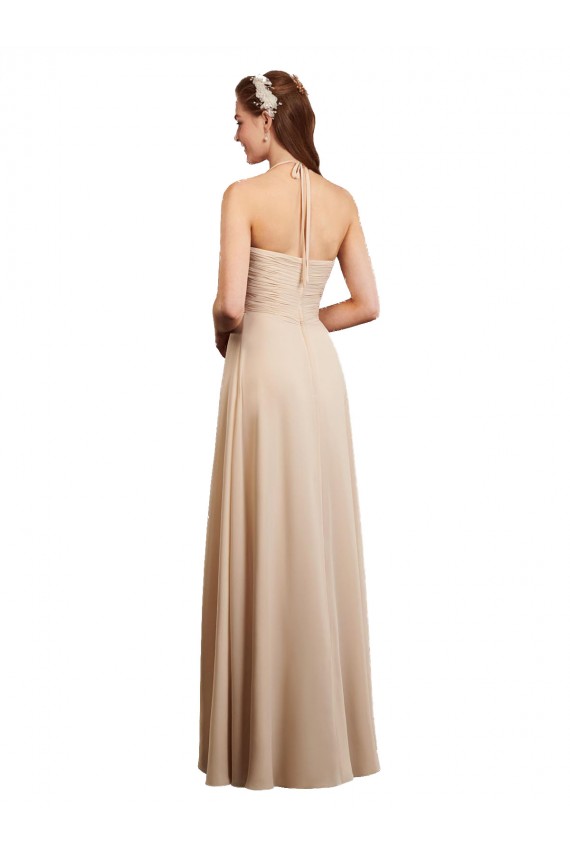 Long Sleeveless Soft Chiffon Champagne Halter Neck A-Line Bridesmaid Dress Edmonton