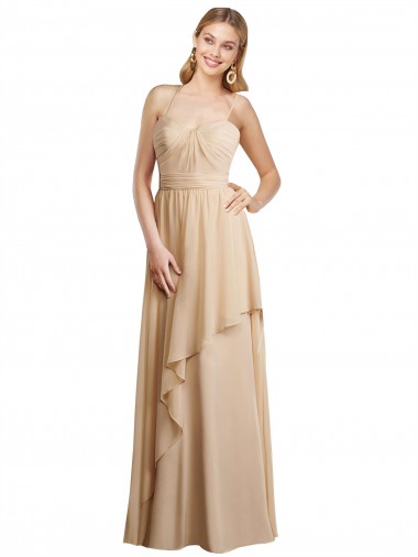 Long Sleeveless Soft Chiffon Champagne Spaghetti Straps A-Line Bridesmaid Dress Edmonton