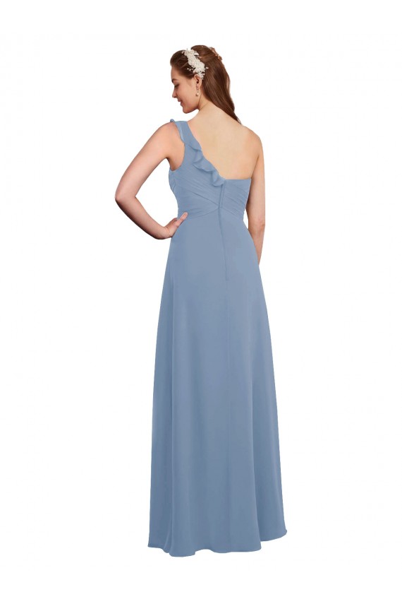 Long Sleeveless Chiffon Dusty Blue One Shoulder A-Line Formal Dress / Bridesmaid Dress Edmonton