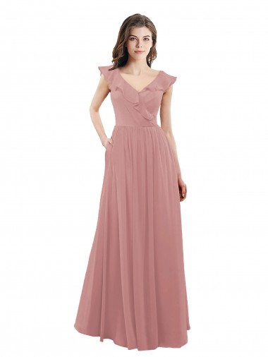 Long Cap Sleeves Soft Chiffon Dusty Pink A-Line Bridesmaid Dress Edmonton