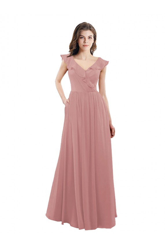 Long Cap Sleeves Soft Chiffon Dusty Pink A-Line Bridesmaid Dress Edmonton