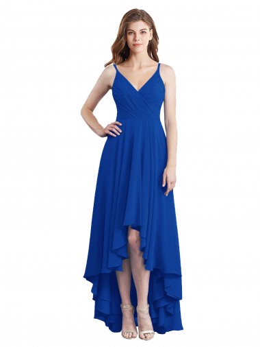 Long Sleeveless Soft Chiffon Royal Blue A-Line High Low Bridesmaid Dress Edmonton