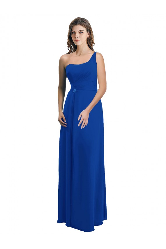 Long Sleeveless Soft Chiffon Royal Blue One Shoulder A-Line Bridesmaid Dress Edmonton