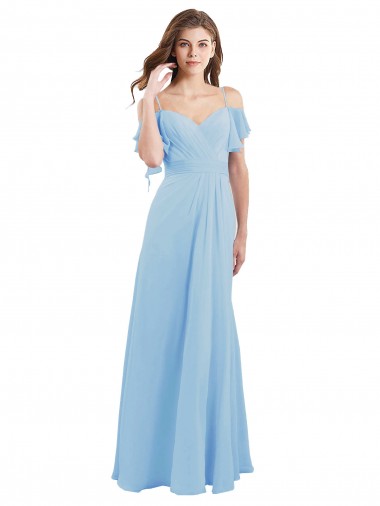 Long Cold Shoulder Soft Chiffon Light Sky Blue A-Line Bridesmaid Dress Edmonton