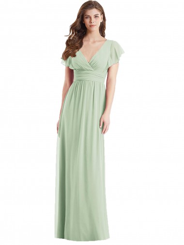 Long Flutter Sleeves Soft Chiffon Sage Trumpet Bridesmaid Dress Edmonton