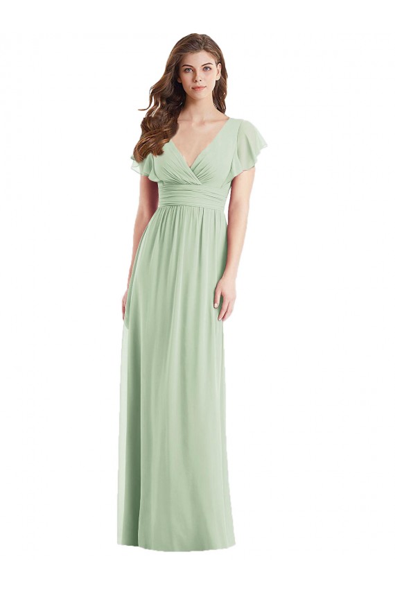 Long Flutter Sleeves Soft Chiffon Sage Trumpet Bridesmaid Dress Edmonton
