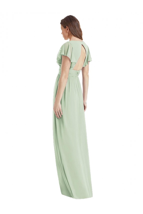 Long Flutter Sleeves Soft Chiffon Sage Trumpet Bridesmaid Dress Edmonton
