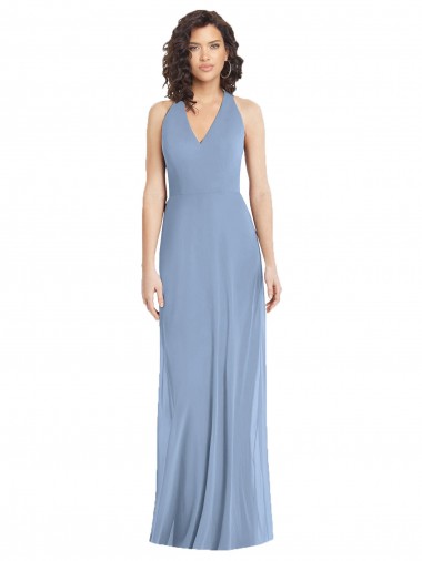 Long Sleeveless Soft Chiffon Dusty Blue Trumpet Formal Evening Gown / Bridesmaid Dress Edmonton