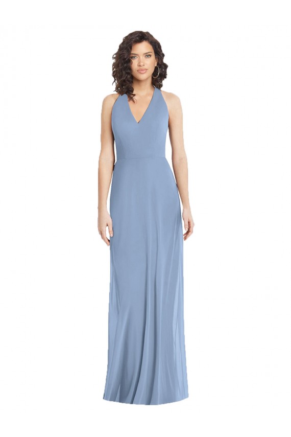 Long Sleeveless Soft Chiffon Dusty Blue Trumpet Formal Evening Gown / Bridesmaid Dress Edmonton