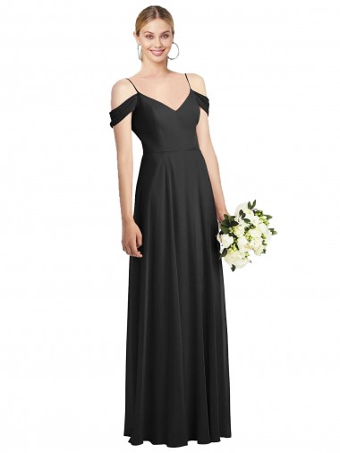Long Cold Shoulder Soft Chiffon Black A-Line Semi Formal Evening Dress / Bridesmaid Dress Edmonton